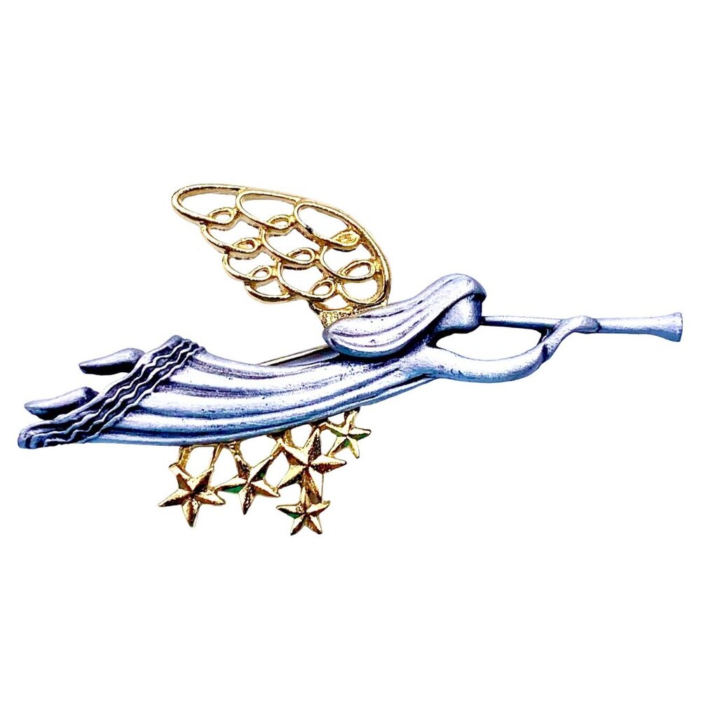 Flying Angel Pin Brooch Trumpet Dangling Stars Gold Silver Metal Vintage